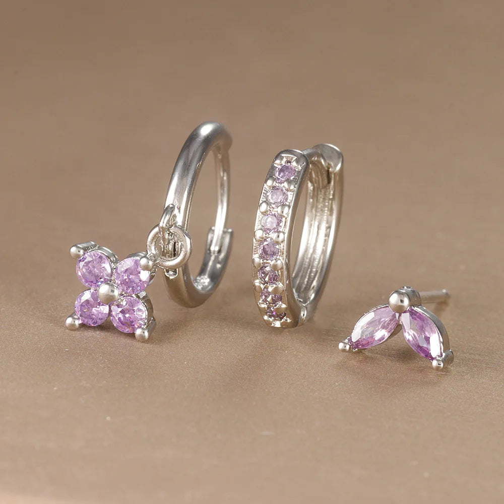3PCS Stainless Steel Flower Drop Earrings Set