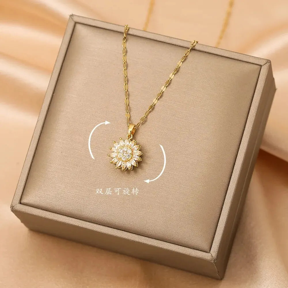 Trendy Spin Sunflower Necklace – Stainless Steel Zircon