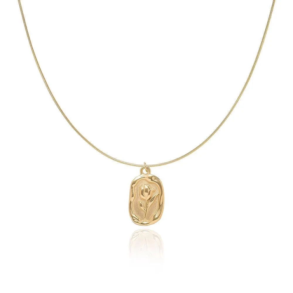 Retro Embossed Tulip Pendant Necklace – Stainless Steel