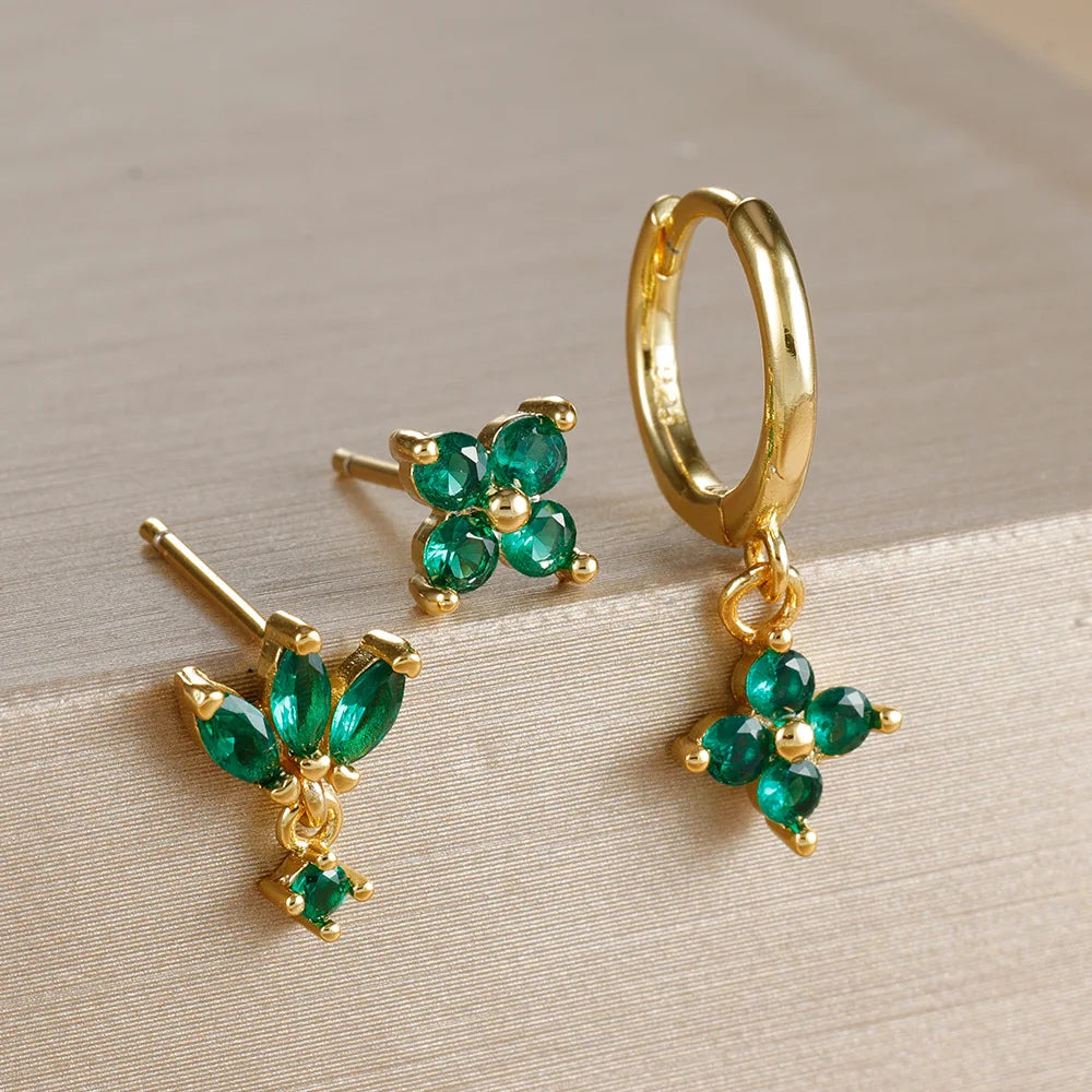 3PCS Zircon Flower Dangle Earrings Set – Stainless Steel