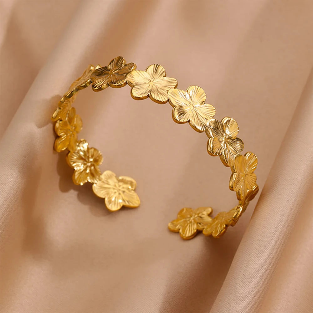 Luxury Gold Stainless Steel Wide Flower Cuff Bangle Bracelet