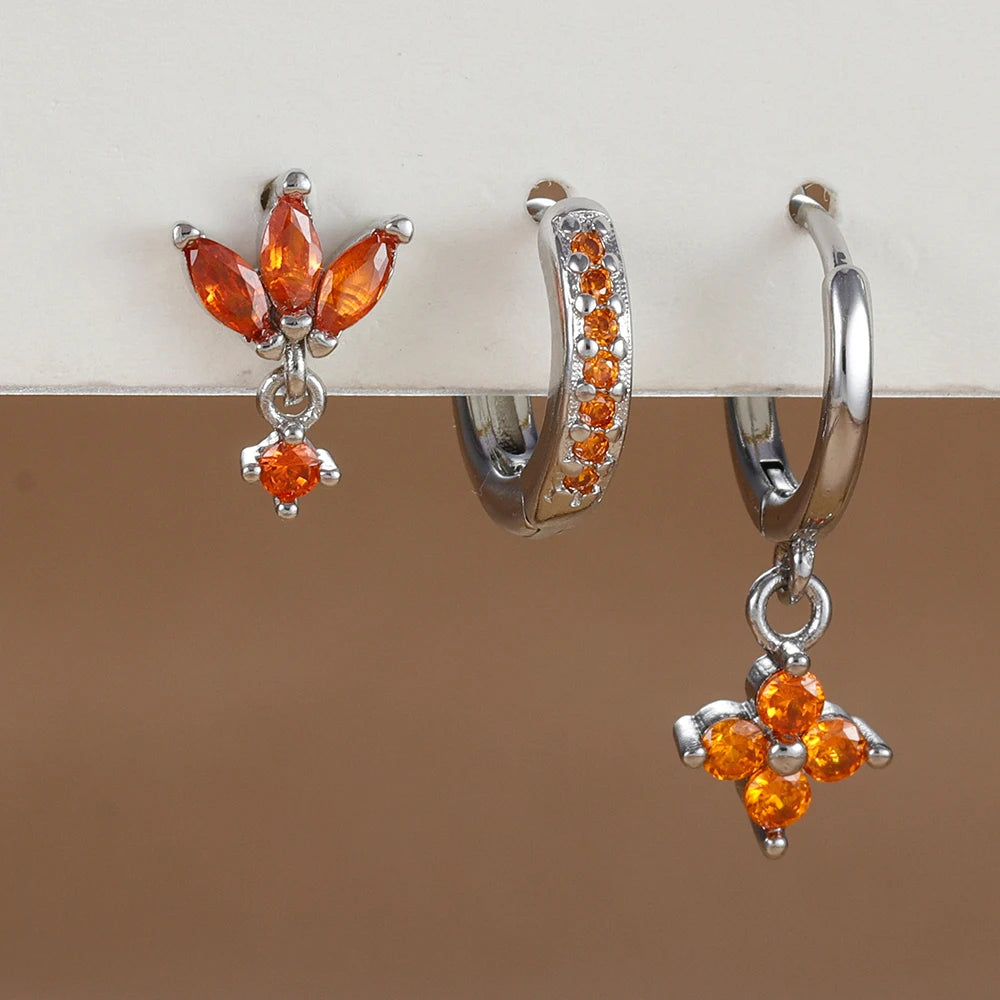 3PCS Zircon Flower Dangle Earrings Set – Stainless Steel
