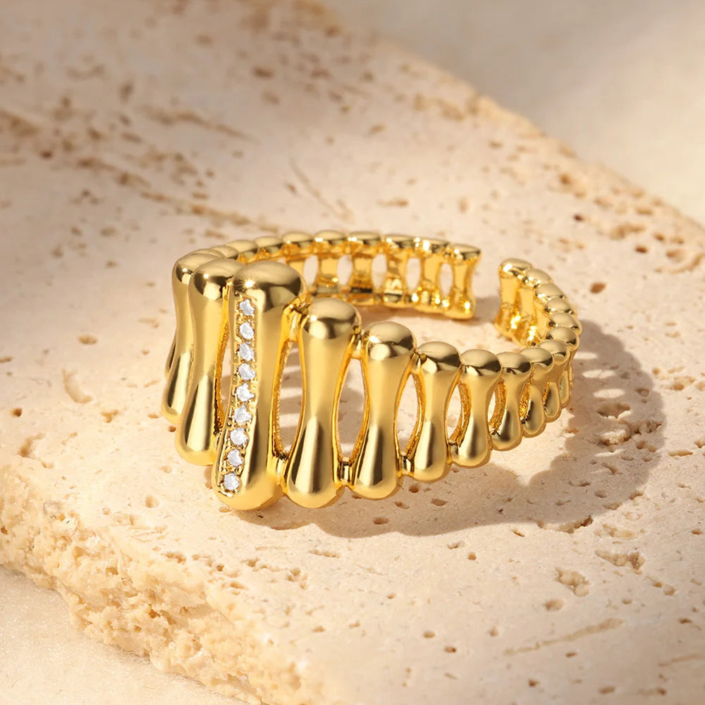 Zircon Crystal Geometric Adjustable Ring – Stainless Steel Gold