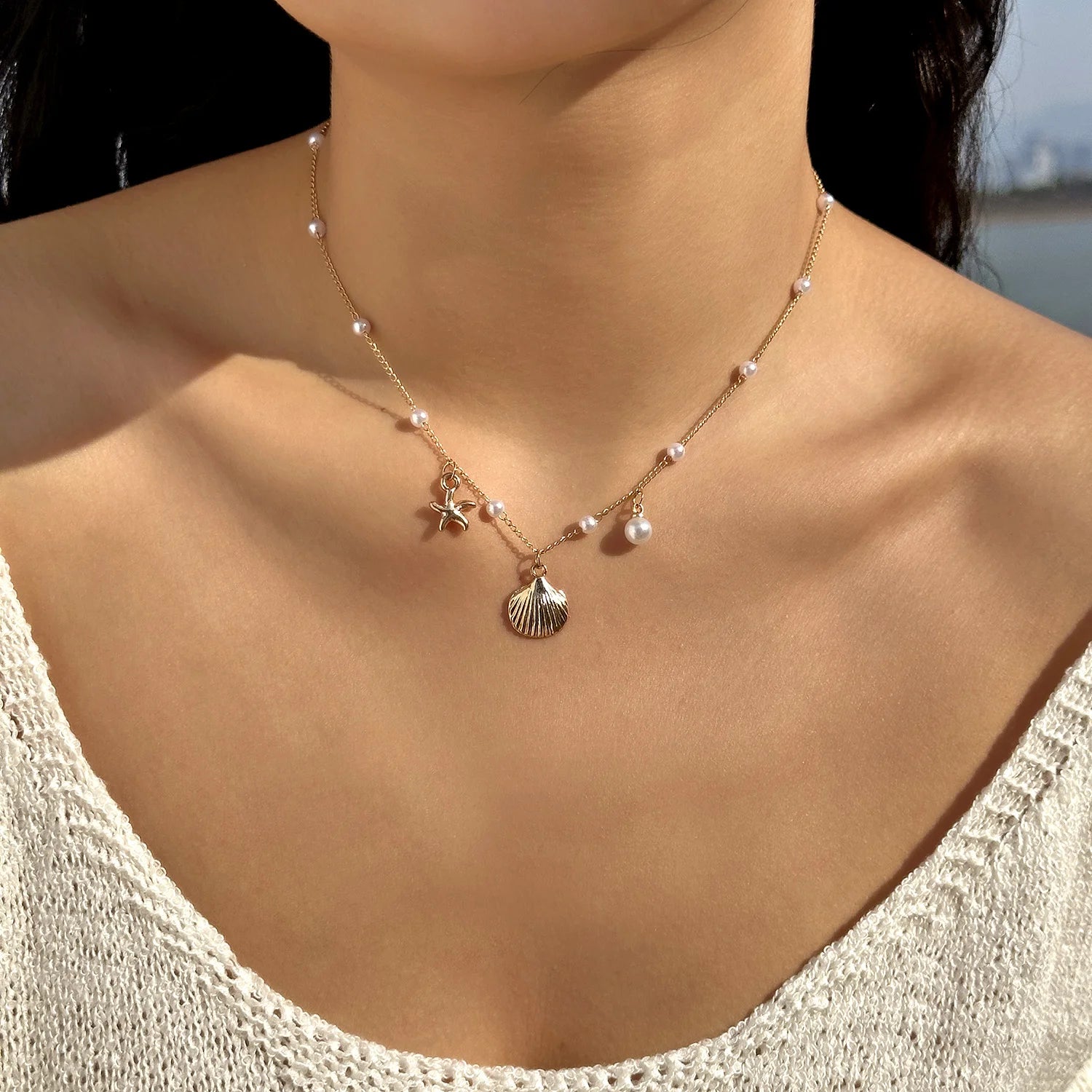 Bohemian Starfish Shell Pearl Choker Necklace