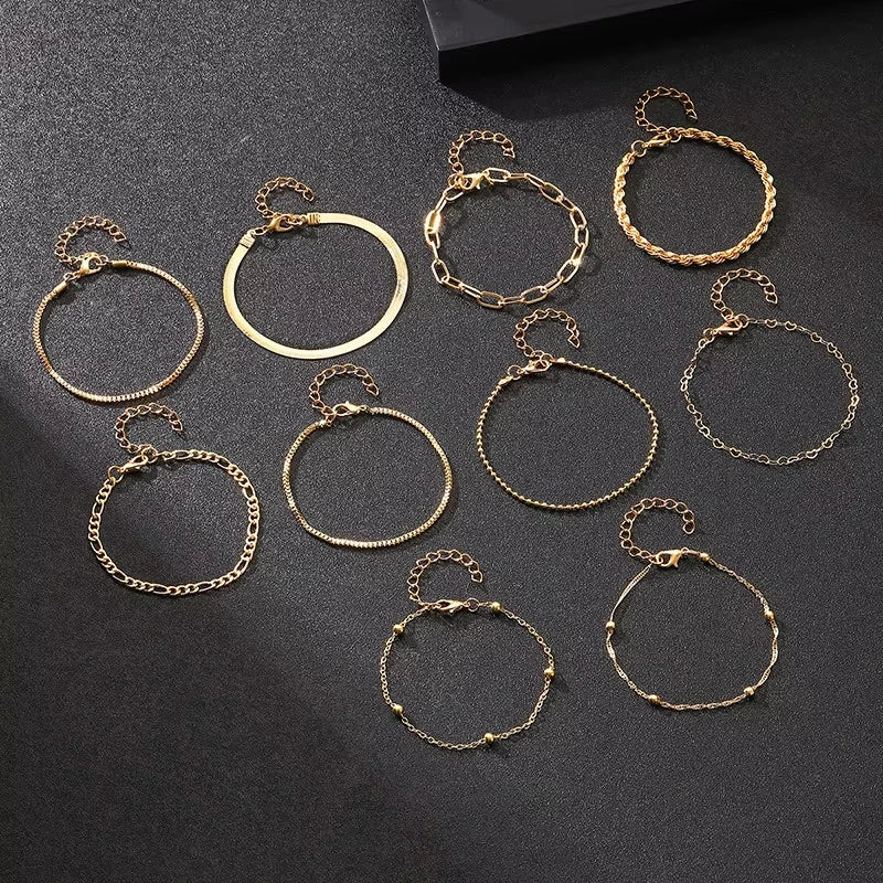 10PCS Vintage Gold Snake Chain Bracelet Set