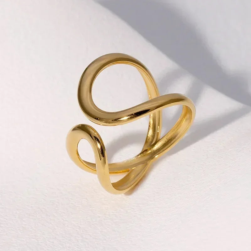 Stainless Steel Wave Open Ring – Gold