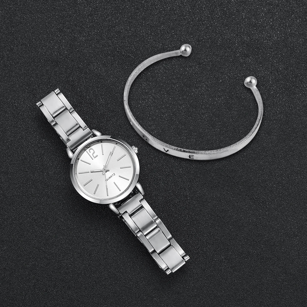 2PCS Women’s Fashion Quartz Watch Set – Gold Steel Band Cuff Bracelet Wristwatch