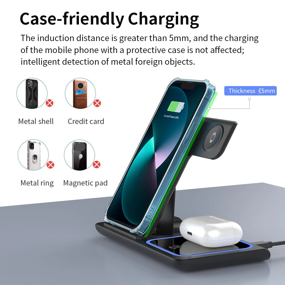 3 in 1 Wireless Charger Stand Pad Foldable Fast Charging Station Dock