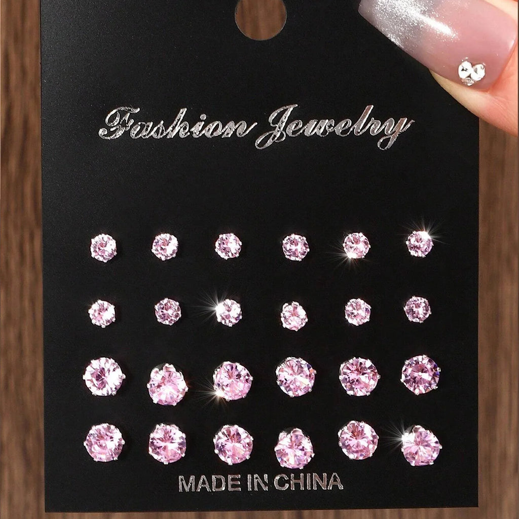 12 Pairs Zircon Zirconia Stud Earrings Set