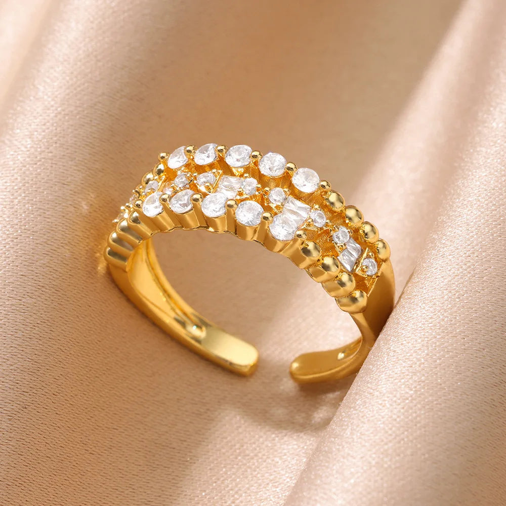 Zircon Crystal Geometric Adjustable Ring – Stainless Steel Gold