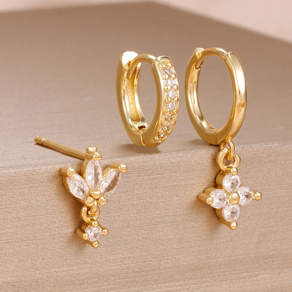 3PCS Zircon Flower Dangle Earrings Set – Stainless Steel