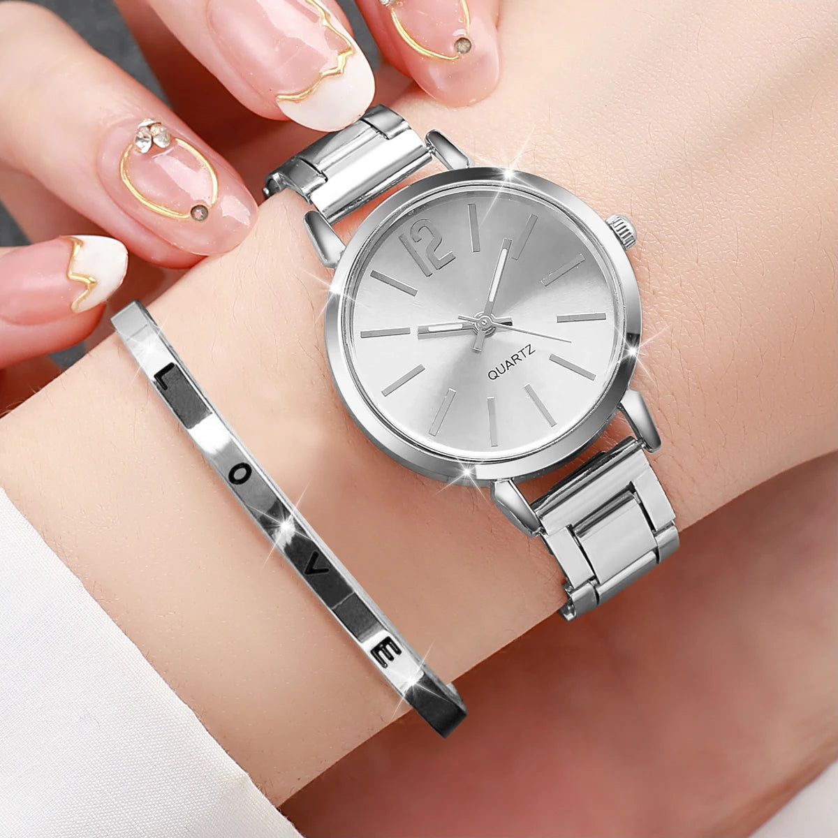 2PCS Women’s Fashion Quartz Watch Set – Gold Steel Band Cuff Bracelet Wristwatch
