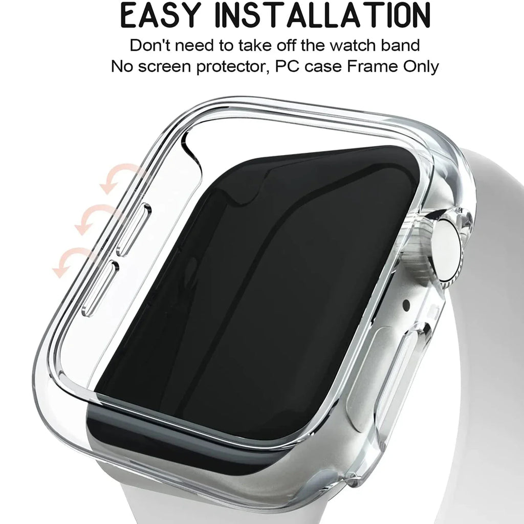 Protective PC bumper case for Apple Watch, durable and lightweight, fits multiple sizes and series.