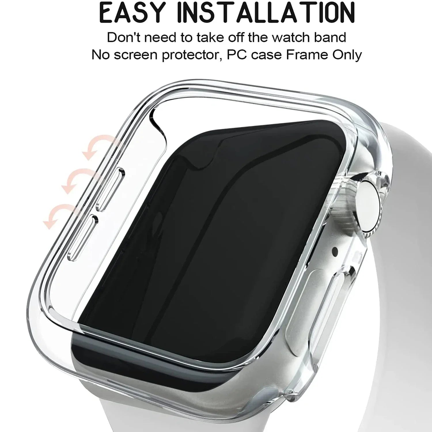 Protective PC bumper case for Apple Watch, durable and lightweight, fits multiple sizes and series.