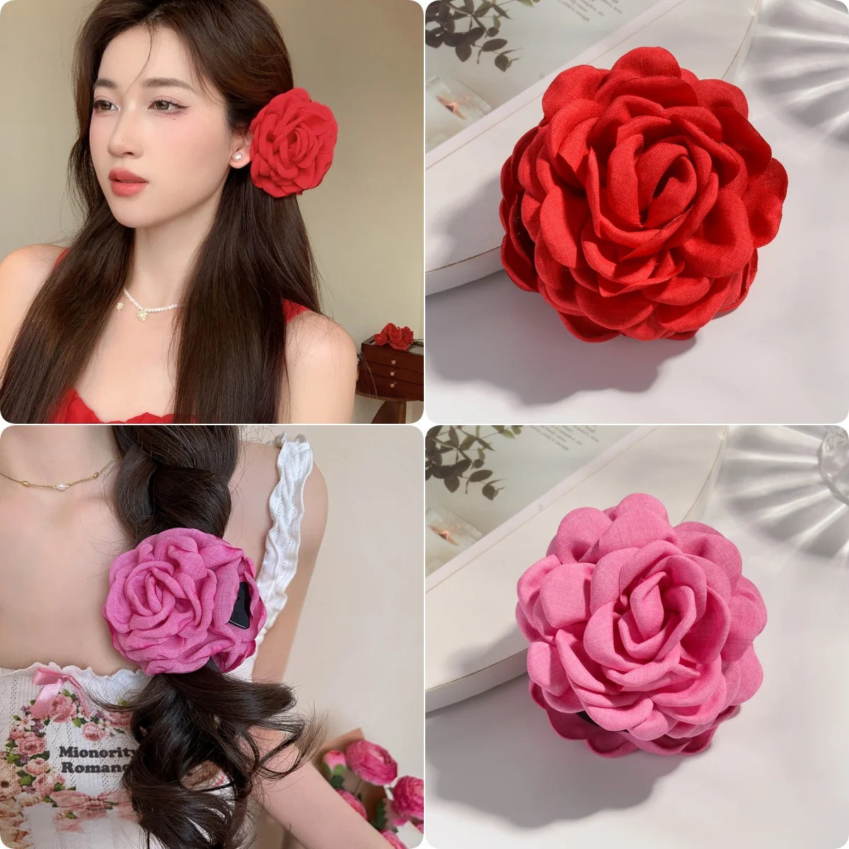 16 Colors Cotton Fabric Rose Flower Hair Claw Clips