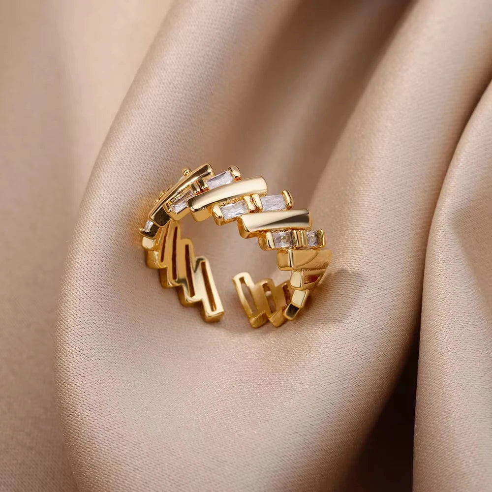 Zircon Crystal Geometric Adjustable Ring – Stainless Steel Gold