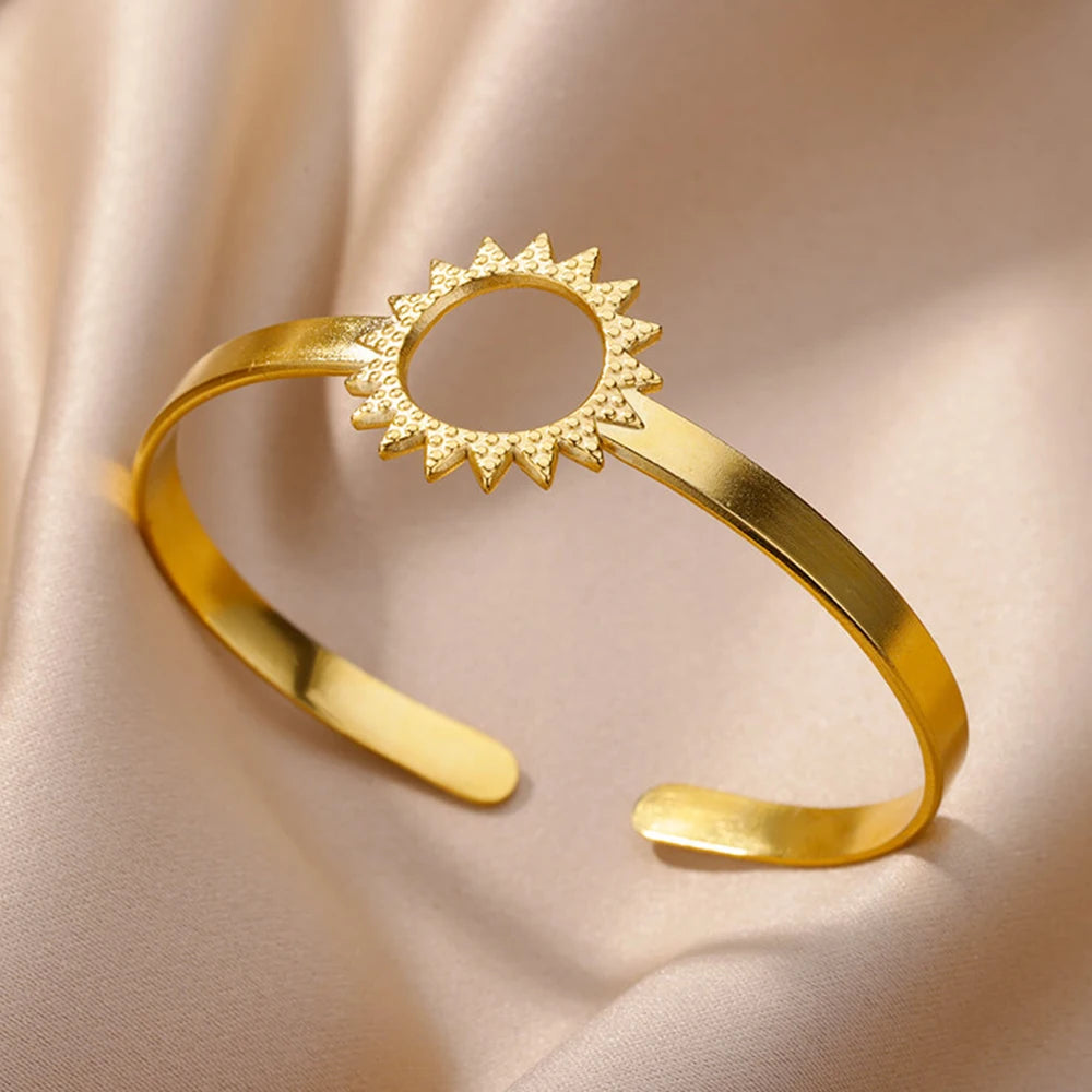 Luxury Gold Stainless Steel Wide Flower Cuff Bangle Bracelet