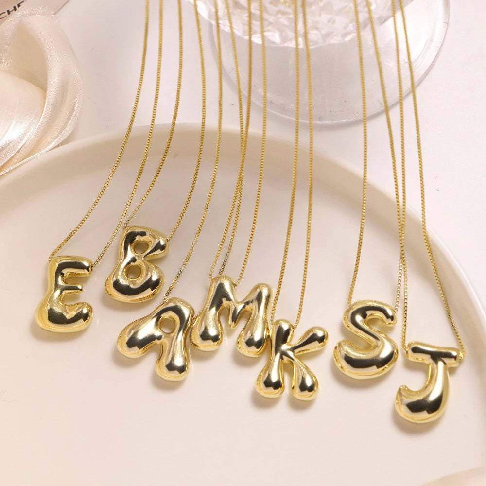Golden Stainless Steel Initial Bubble Letter Necklace