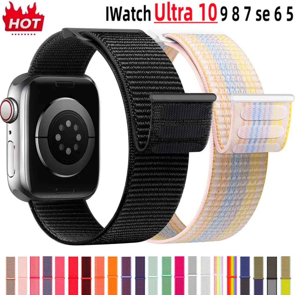 Nylon loop strap for Apple Watch, comfortable, adjustable, and compatible with multiple sizes and series.