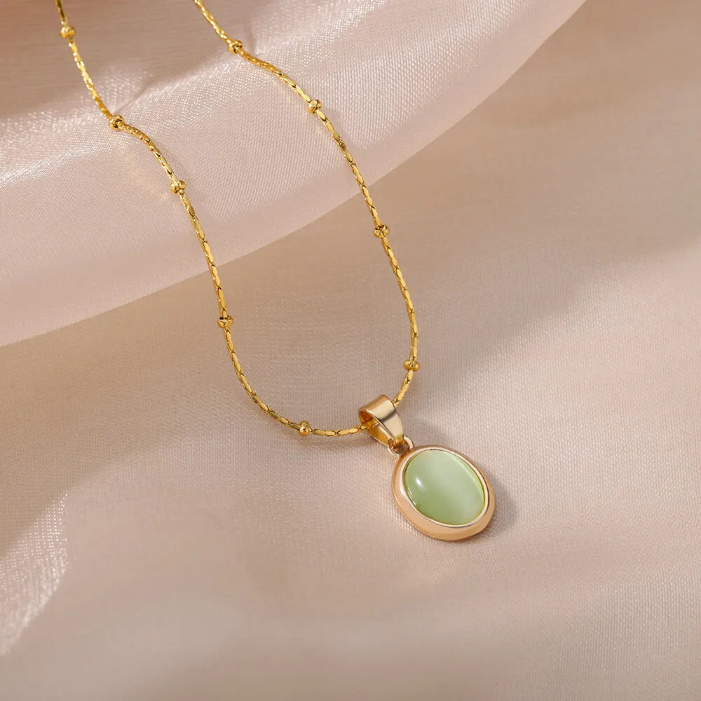 Fashion Opal Oval Pendant Necklace – Stainless Steel