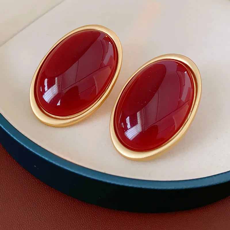Vintage Red Resin Oval Stud Earrings