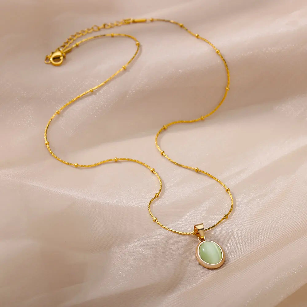 Fashion Opal Oval Pendant Necklace – Stainless Steel
