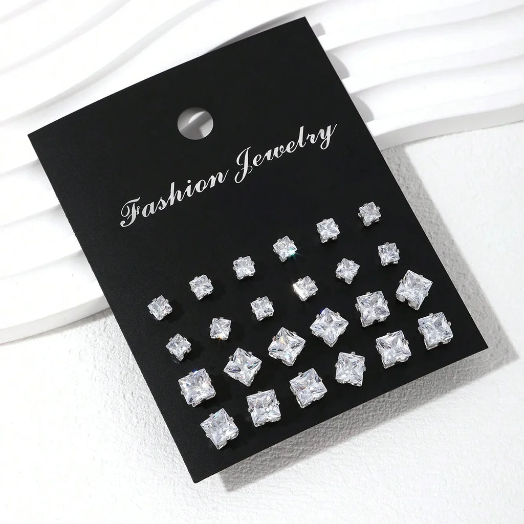 12 Pairs Zircon Zirconia Stud Earrings Set