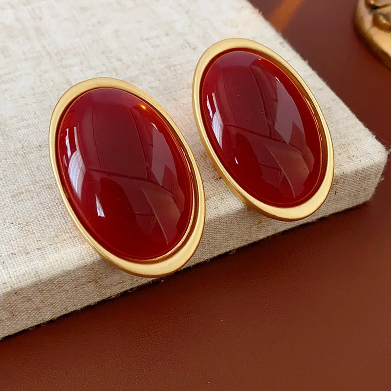 Vintage Red Resin Oval Stud Earrings