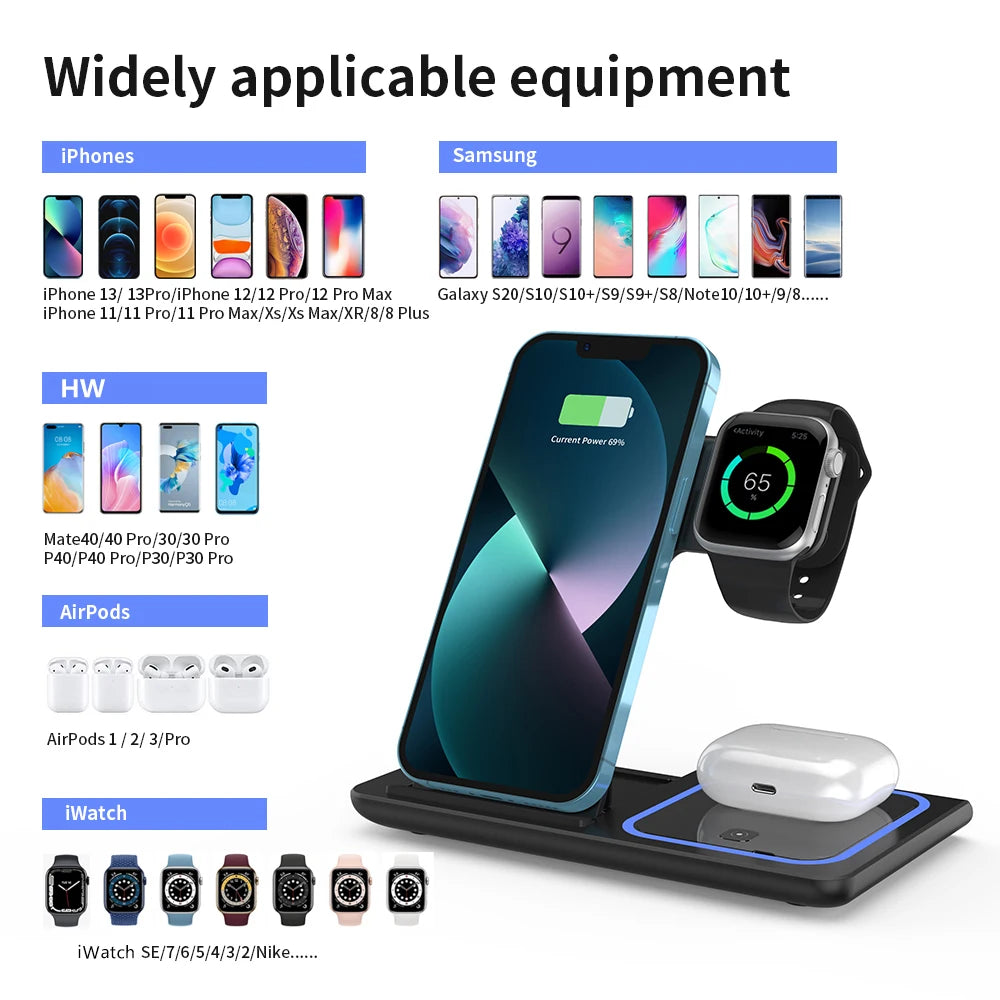 3 in 1 Wireless Charger Stand Pad Foldable Fast Charging Station Dock