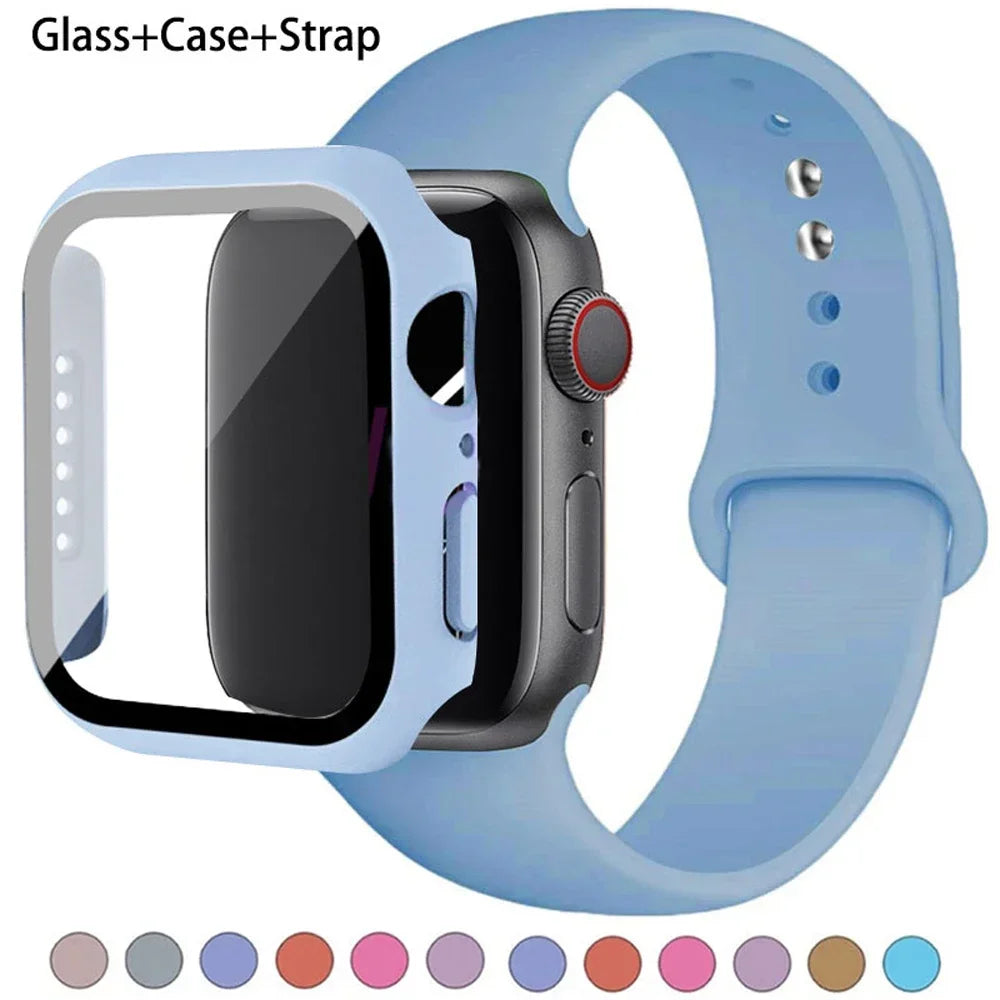 Glass + Case + Silicone Strap Set for Apple Watch 38mm–45mm