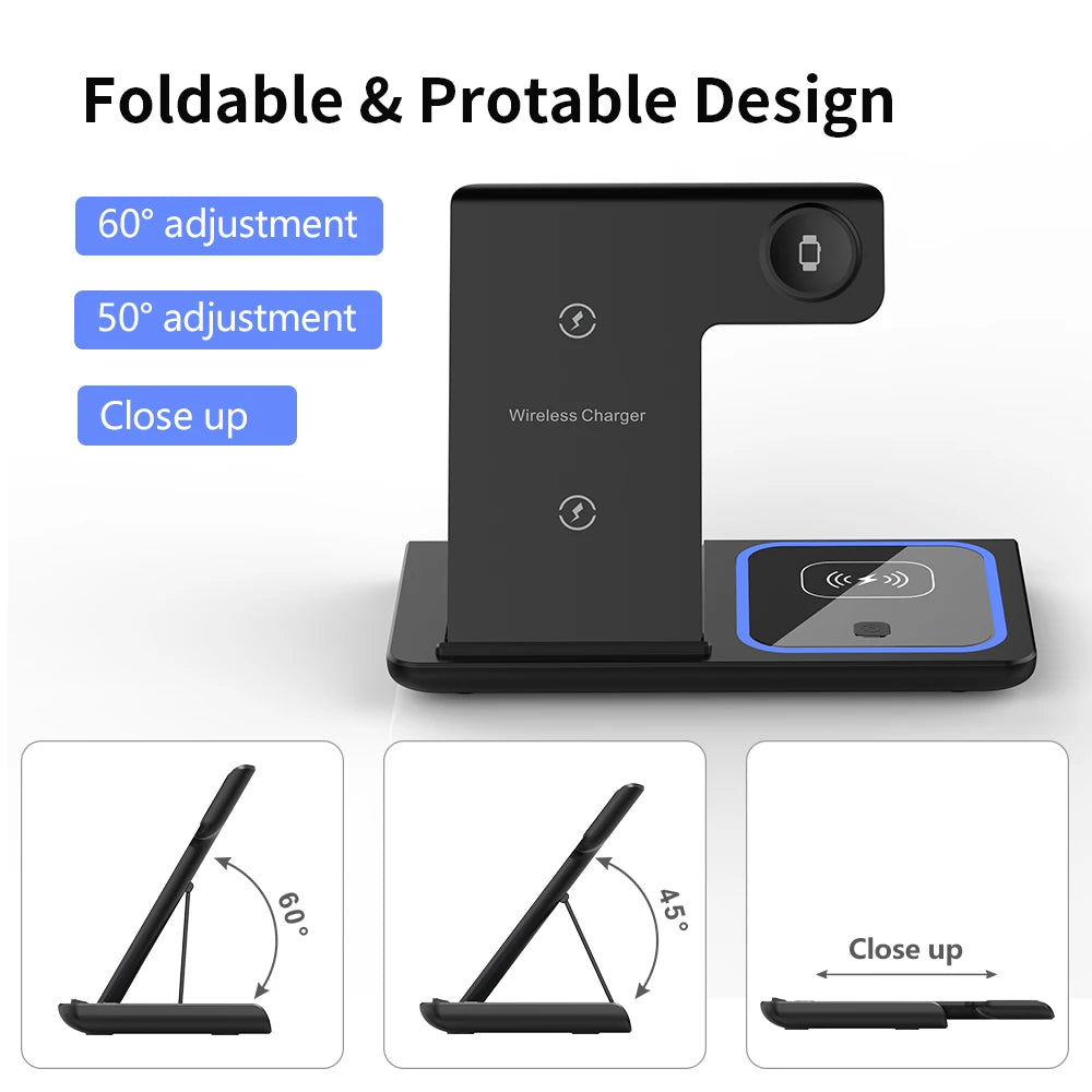 3 in 1 Wireless Charger Stand Pad Foldable Fast Charging Station Dock