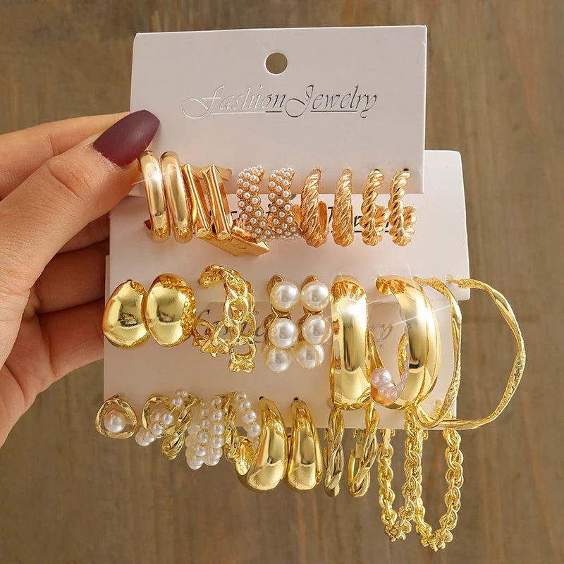 Gold Vintage Geometric Pearl Earrings Set