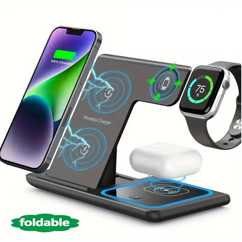 3 in 1 Wireless Charger Stand Pad Foldable Fast Charging Station Dock