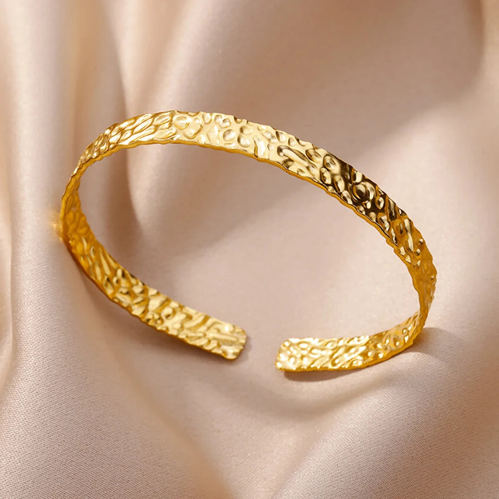 Luxury Gold Stainless Steel Wide Flower Cuff Bangle Bracelet