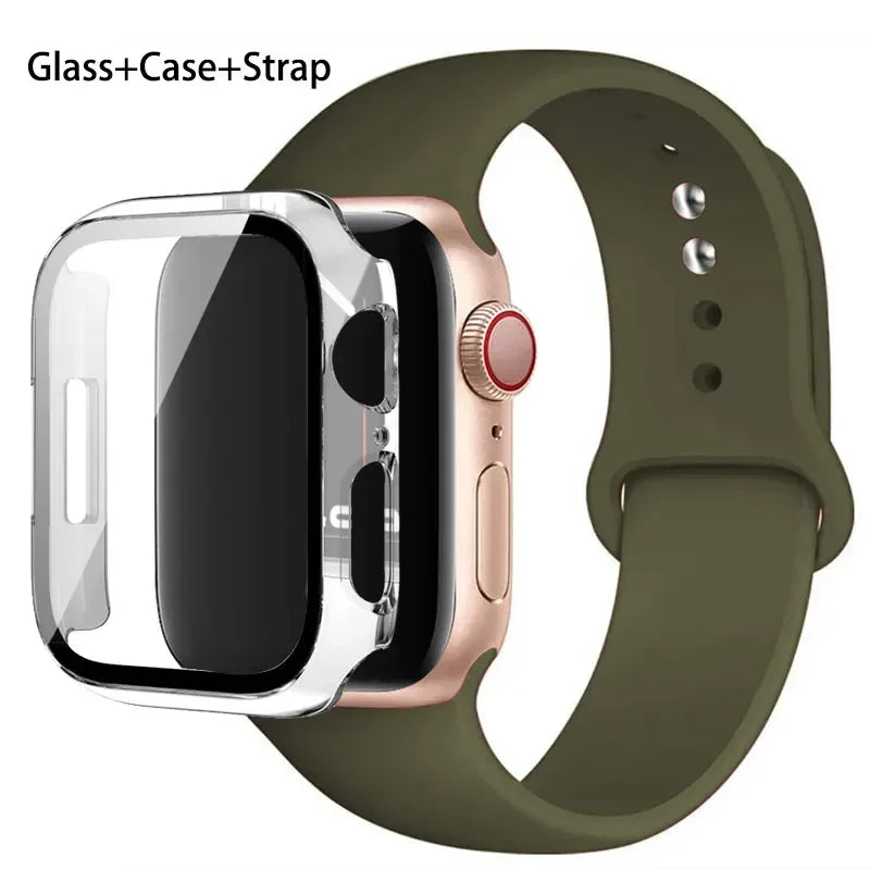 Glass + Case + Silicone Strap Set for Apple Watch 38mm–45mm