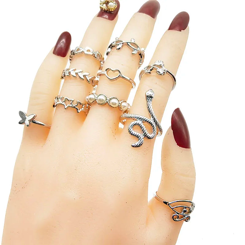 30pcs Silver Color Pearl Mix Rings Set – Snake