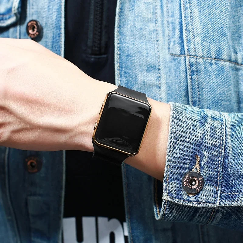 Minimalist LED sport watch with black silicone strap