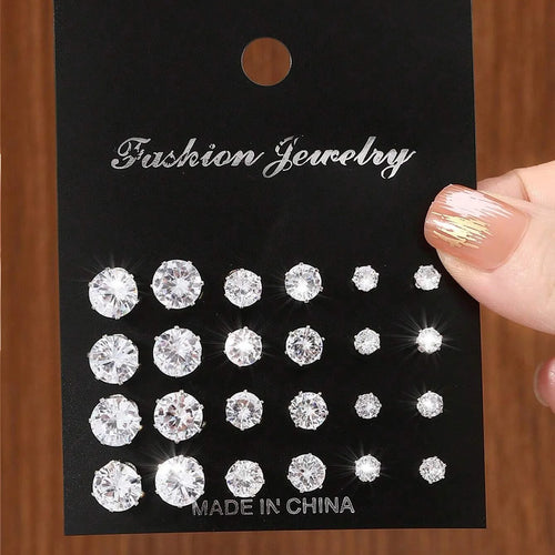 12 Pairs Zircon Zirconia Stud Earrings Set