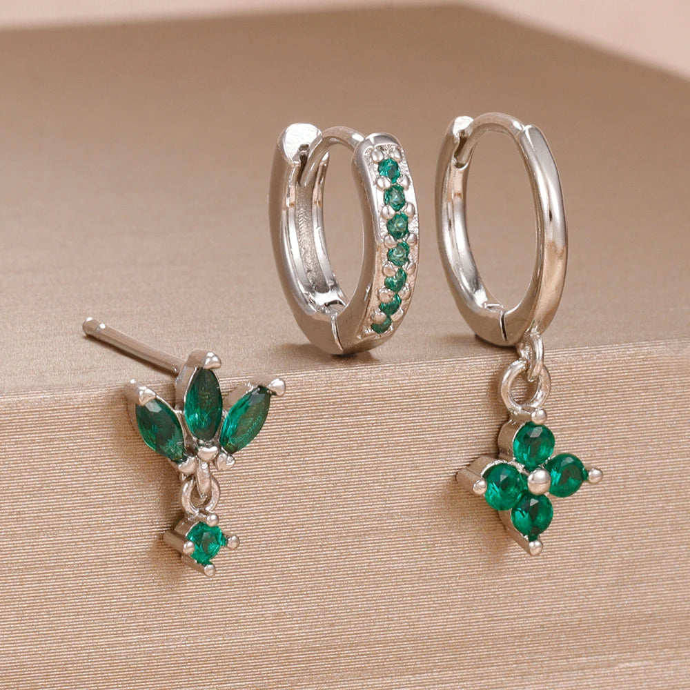 3PCS Zircon Flower Dangle Earrings Set – Stainless Steel