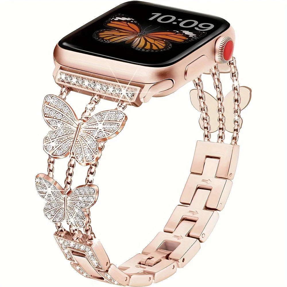 Shiny butterfly metal strap for Apple Watch with a stylish luxury look, fits multiple sizes and series.