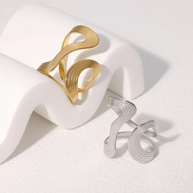 Stainless Steel Wave Open Ring – Gold