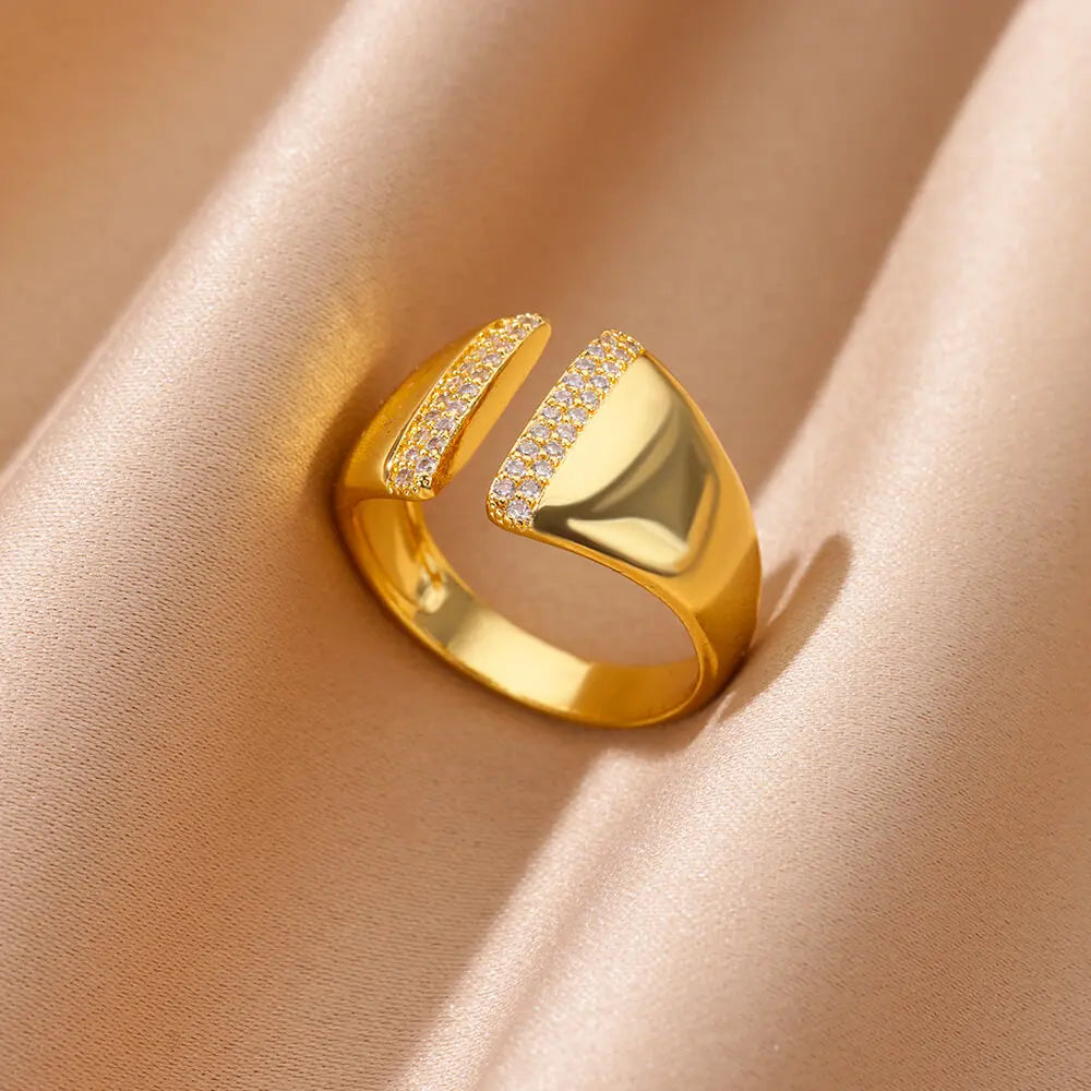 Zircon Crystal Geometric Adjustable Ring – Stainless Steel Gold