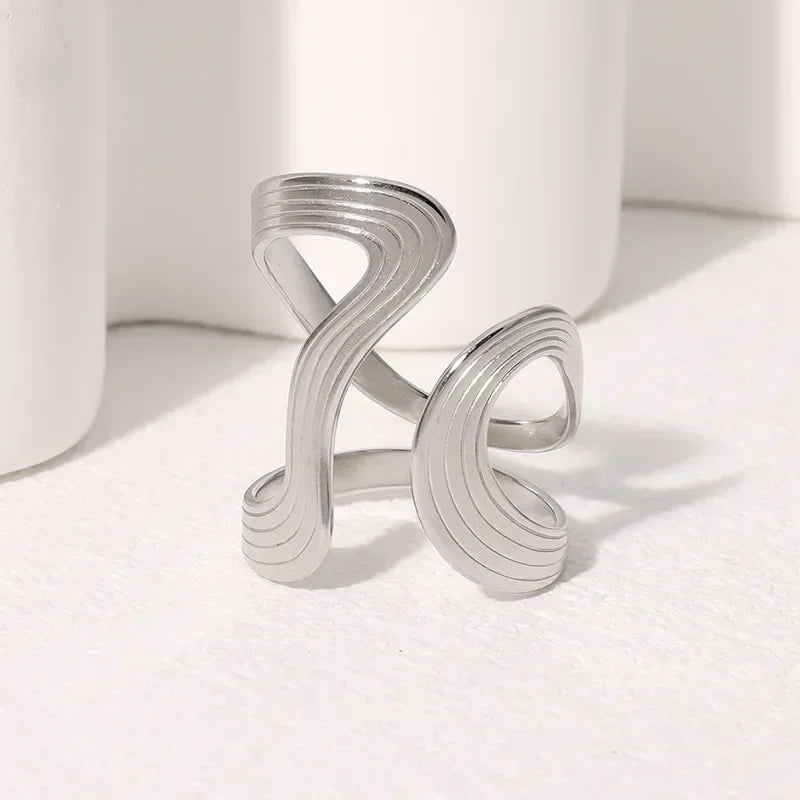 Stainless Steel Wave Open Ring – Gold