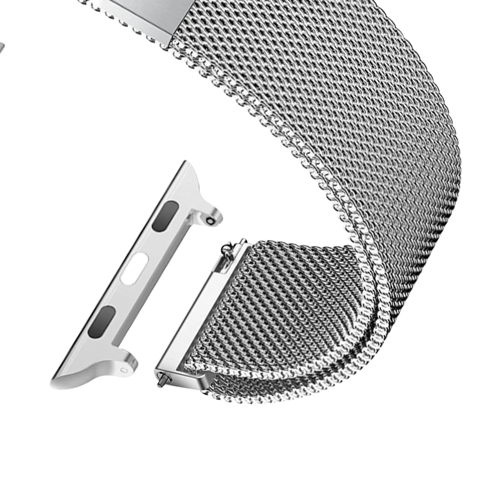 Sleek adjustable Milanese strap for Apple Watch, stylish and compatible with multiple sizes and series.