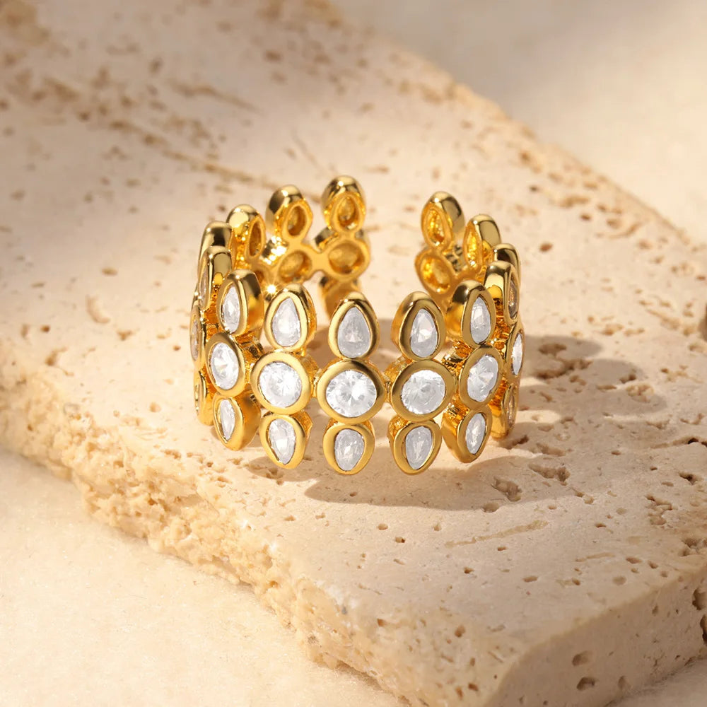 Zircon Crystal Geometric Adjustable Ring – Stainless Steel Gold