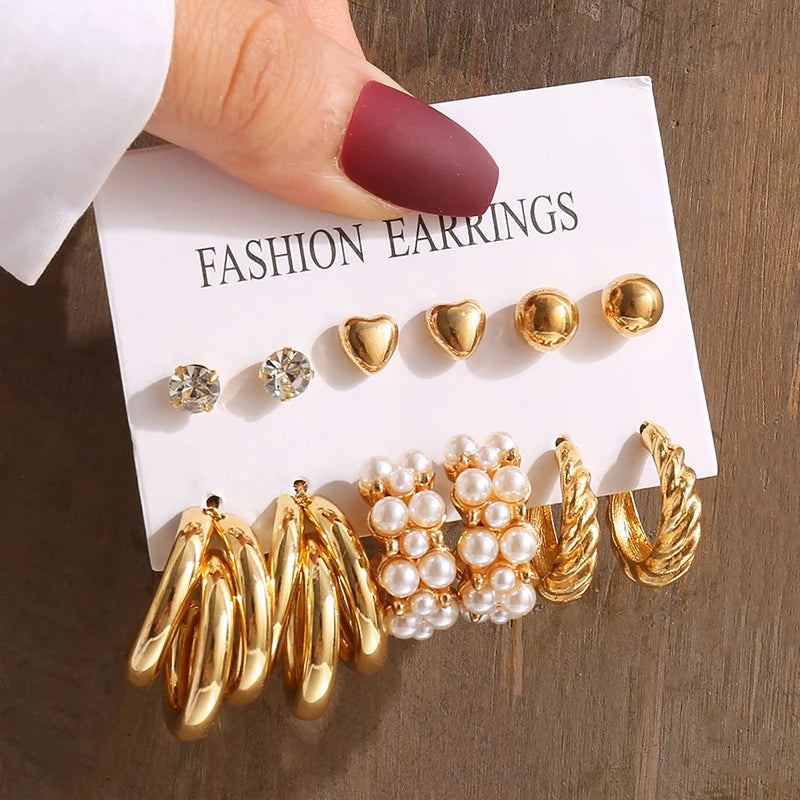 Gold Vintage Geometric Pearl Earrings Set