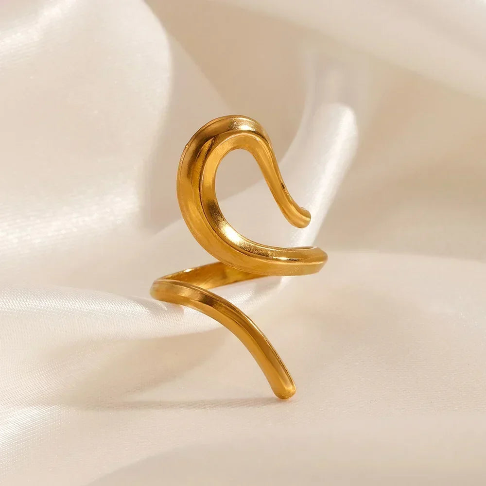 Stainless Steel Wave Open Ring – Gold