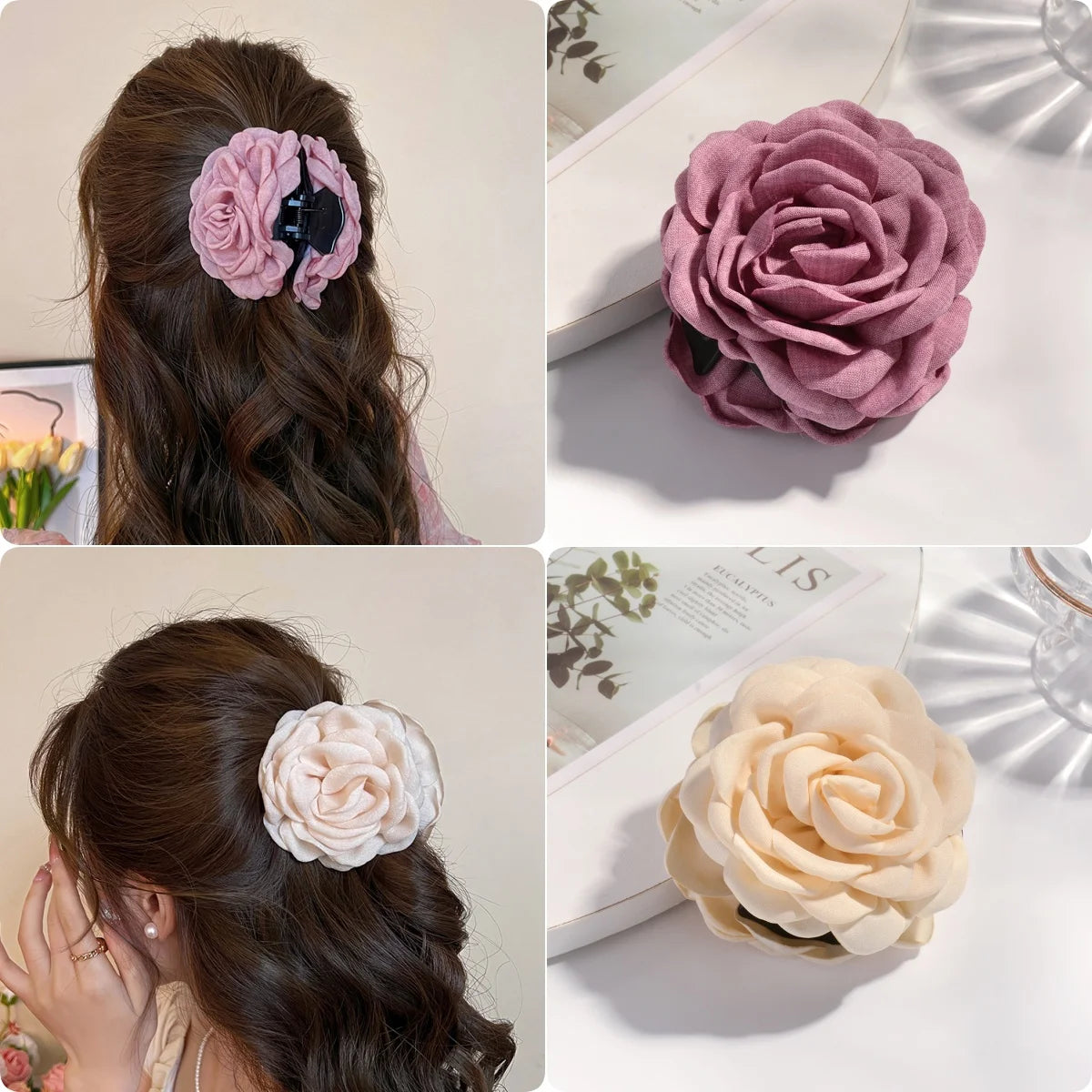 16 Colors Cotton Fabric Rose Flower Hair Claw Clips