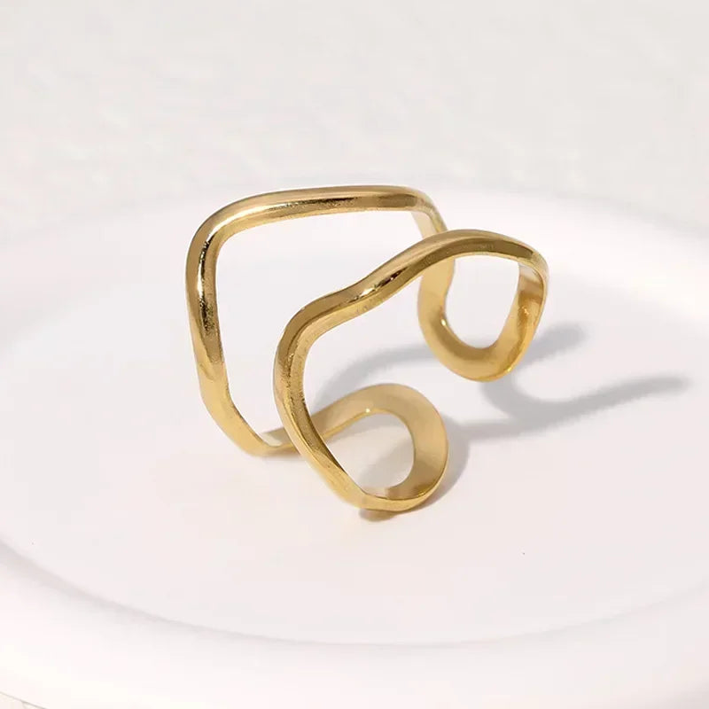 Stainless Steel Wave Open Ring – Gold