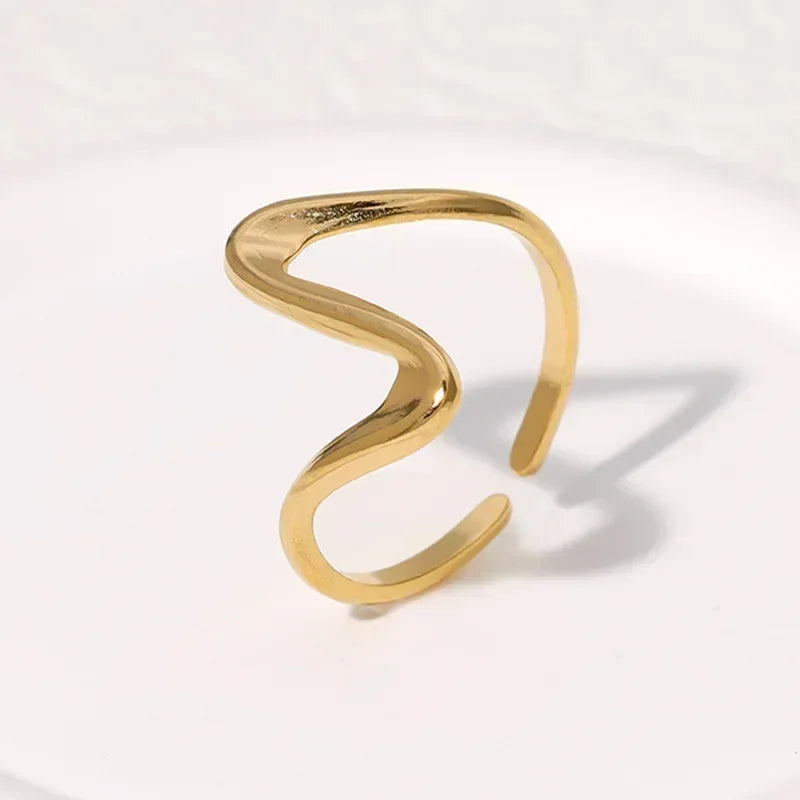 Stainless Steel Wave Open Ring – Gold